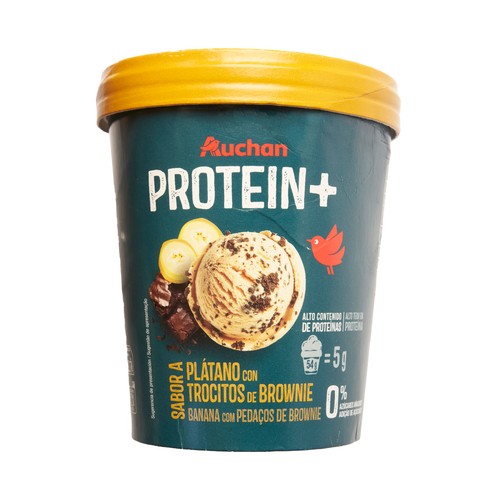 AUCHAN Protein+ Tarrina de helado de plátano y brownie proteico 500 ml. 270 g. Producto Alcampo