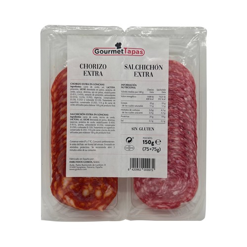 GOURMET Tapas Chorizo extra y salchichón extra cortados en lonchas 2 x 75 g.