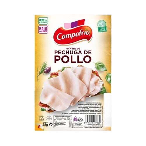 CAMPOFRÍO Fiambre de pechuga de pollo extra-jugosa, cortada en lonchas CAMPOFRÍO 75g.
