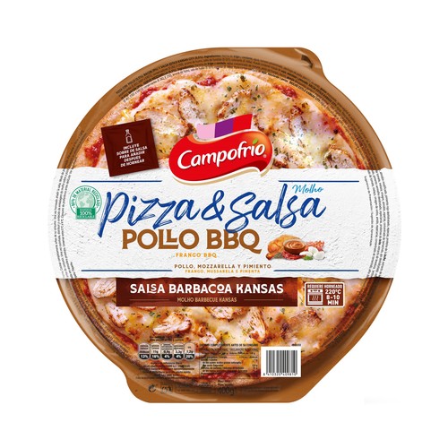 CAMPOFRÍO Pizza & salsa Pizza de pollo, mozzarella y pimiento con salsa barbacoa kansas 400 g.