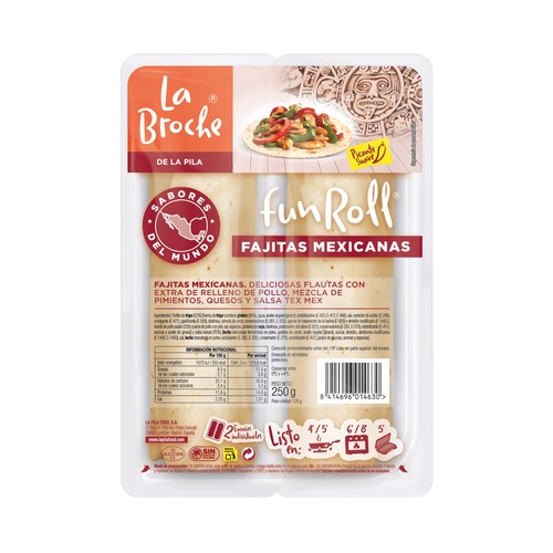 LA BROCHE Flautas rellenas con extra de pollo, mezcla de pimientos, queso y salsa Tex-mex LA BROCHE Fun roll 2 x 125 g.