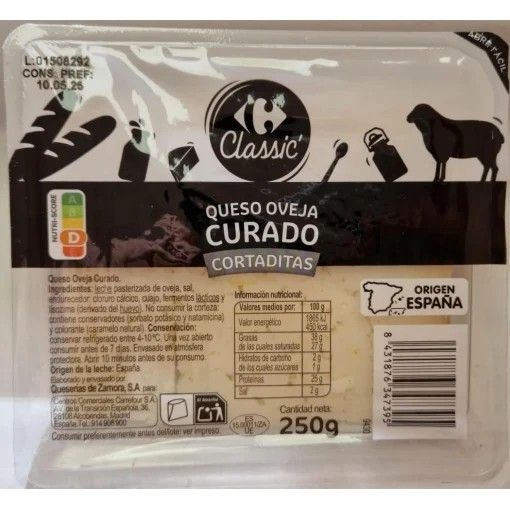 Queso de oveja curado Carrefour Classic 250 g. cortado