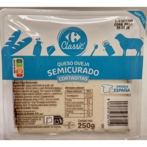 Queso de oveja semicurado cortaditas Carrefour Classic 250 g.