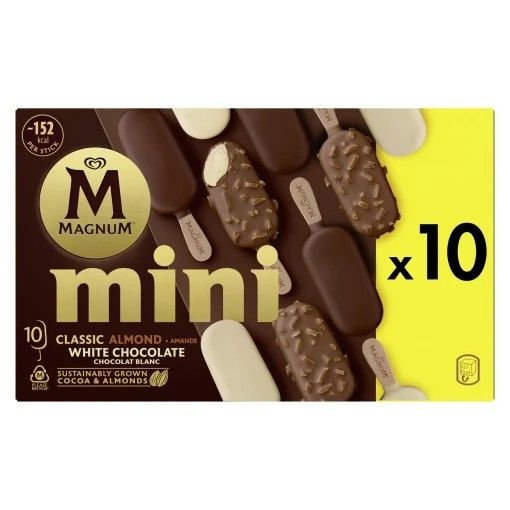 Mini bombón helado clásico, almendras y chocolate blanco Magnum sin gluten 10 ud.