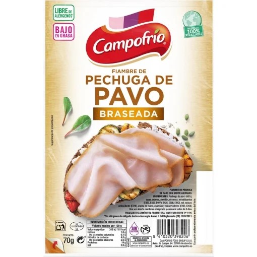 Fiambre de pechuga de pavo braseada en lonchas Campofrío sin gluten y sin lactosa 70 g.