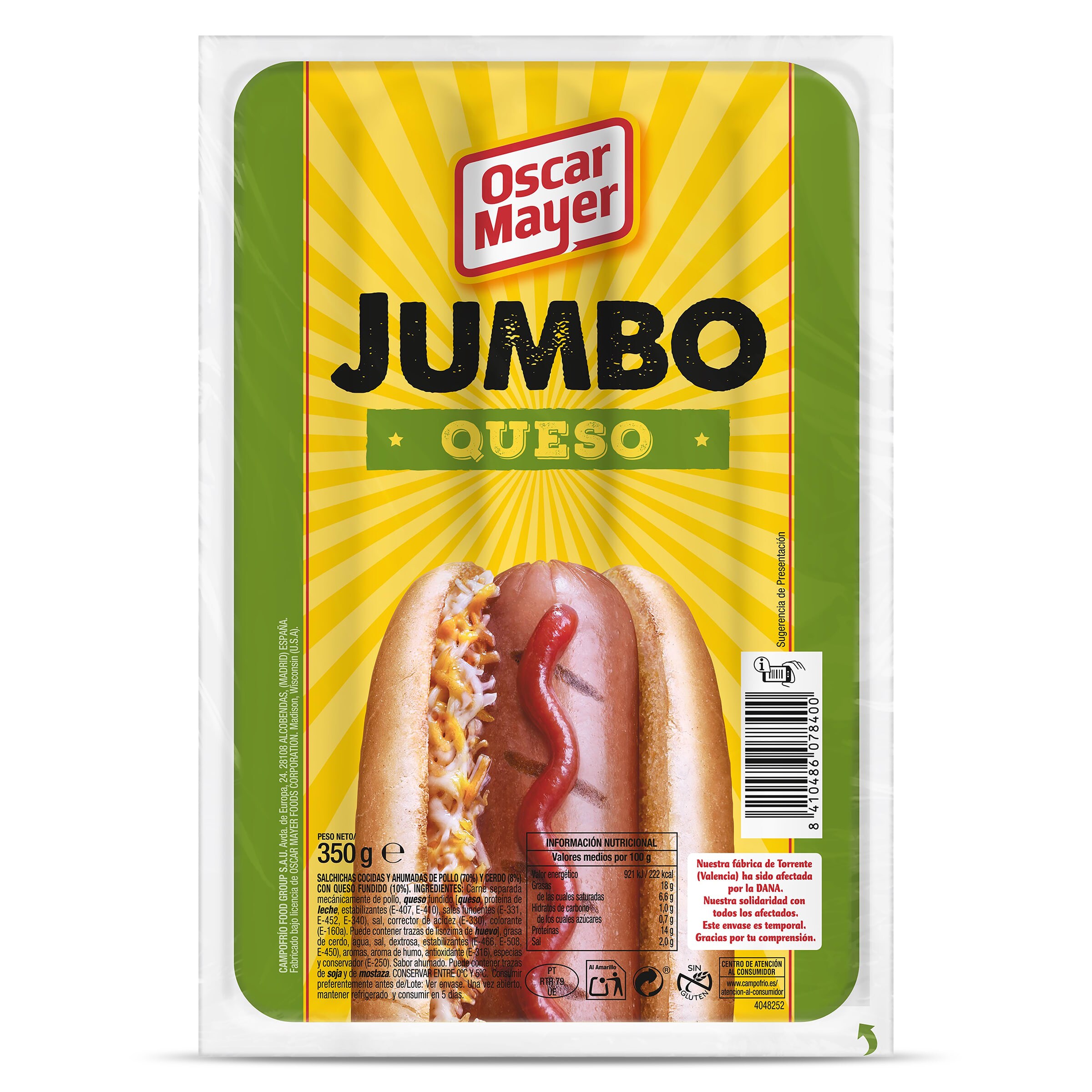 Salchichas cocidas jumbo con queso Oscar Mayer 350 g