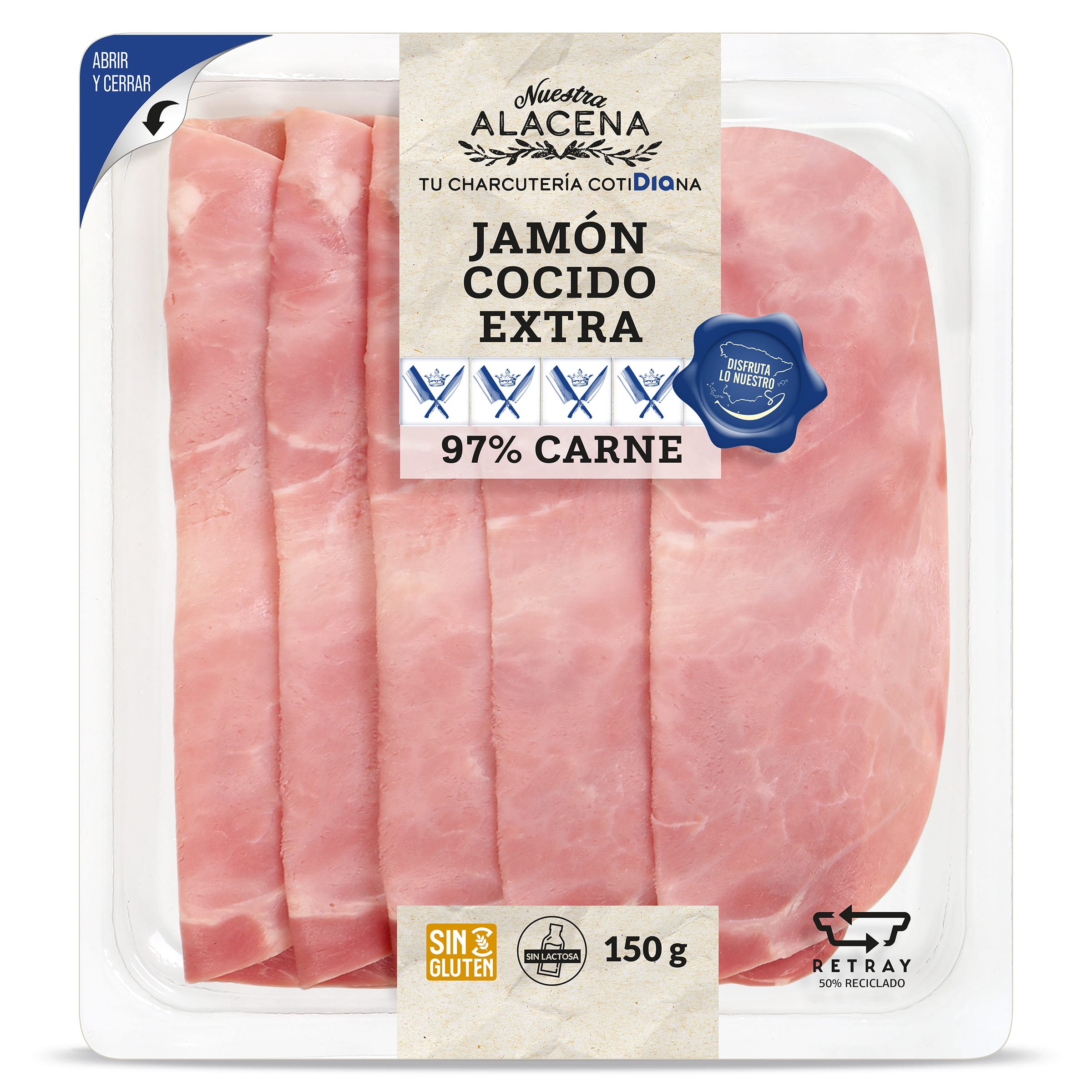 Jamón cocido extra 97% Dia Nuestra Alacena 150 g