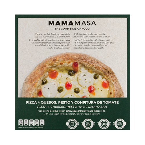 MAMAMASA Pizza congelada a los 4 quesos con pesto y confitura de tomate 420 g.