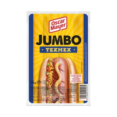 OSCAR MAYER Salchichas (pollo - cerdo) cocidas y ahumadas con queso y ahora tex mex 335 g.