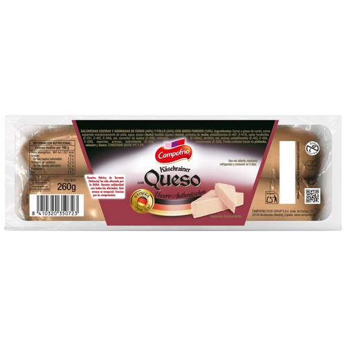 CAMPOFRÍO Käsekrainer Salchichas (cerdo - pollo) alemanas cocidas y ahumadas con queso fundido 260 g.