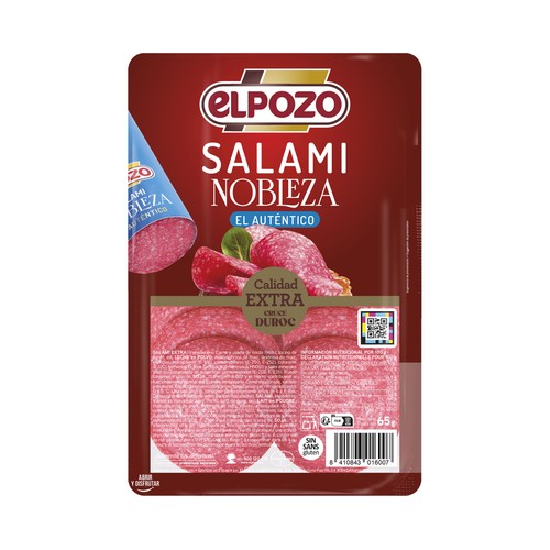 EL POZO Nobleza Salami calidad extra, elaborado sin gluten, cortado en lonchas 65 g.