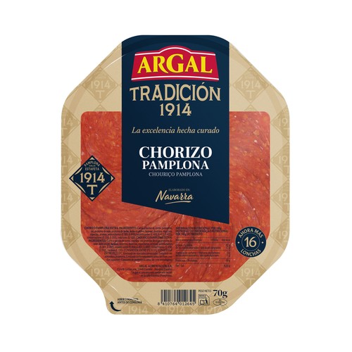ARGAL Tradición 1914 Chorizo de Pamplona, origen Navarra, cortado en finas lonchas 70 g.