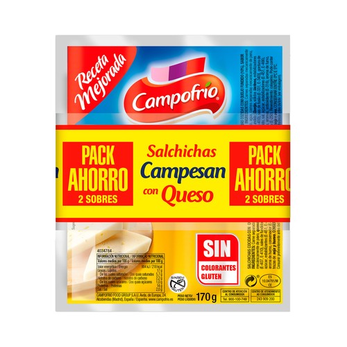 CAMPOFRÍO Salchichas de pollo, pavo y cerdo, tipo Frankfurt cocidas, ahumadas y con queso CAMPOFRÍO Campesan 2 x 170 g.