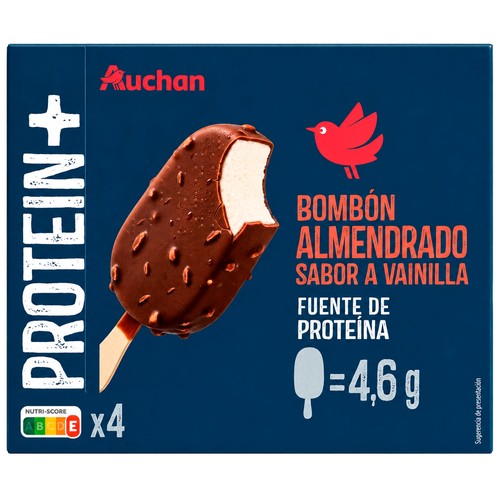 AUCHAN Helado mini bombón sabor a vainilla con cobertura de chocolate con leche y almendras 4 x 70 ml Producto Alcampo.
