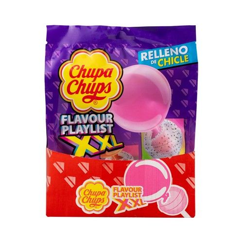 CHUPA CHUPS Flavour playlist xxl Caramelos con palo de papel, de diferentes sabores, rellenos de chicle 6 uds.