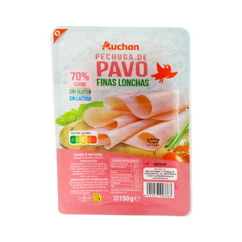 AUCHAN Pechuga de pavo (70% carne) cocida y cortada en finas lonchas 150 g. Producto Alcampo