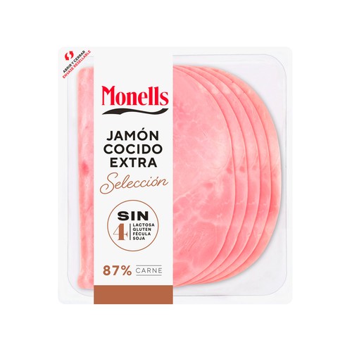 MONELLS Selección Jamón cocido extra, sin gluten y sin lactosa, cortado en lonchas 140 g.