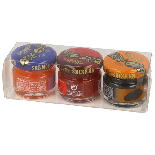 EUROCAVIAR Salmón y mujjol negro y rojo, SHIKRAN, 3x25 gramos.