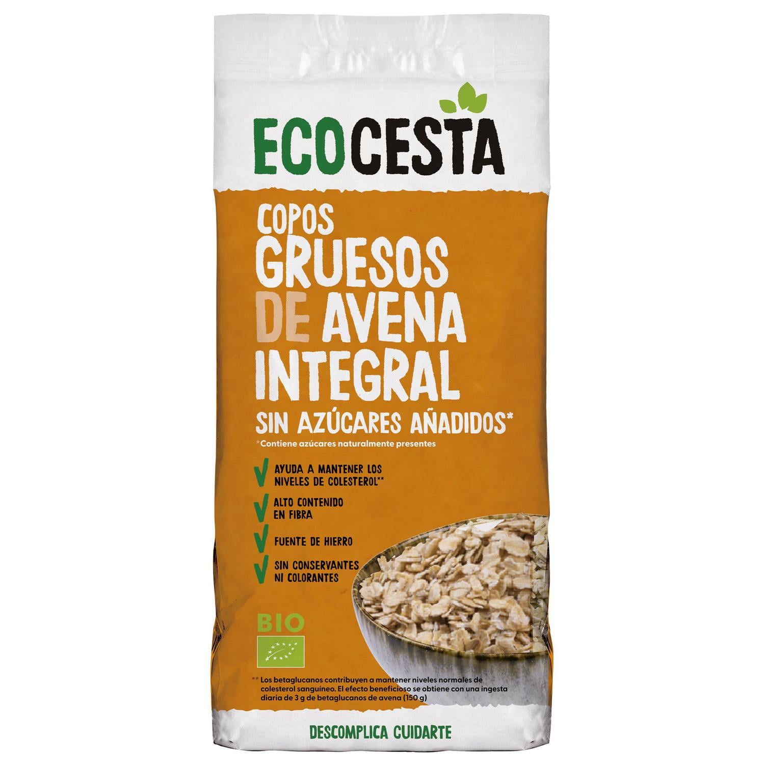 Copos de avena integral ecológicos EcoCesta sin azúcar añadido 500 g.