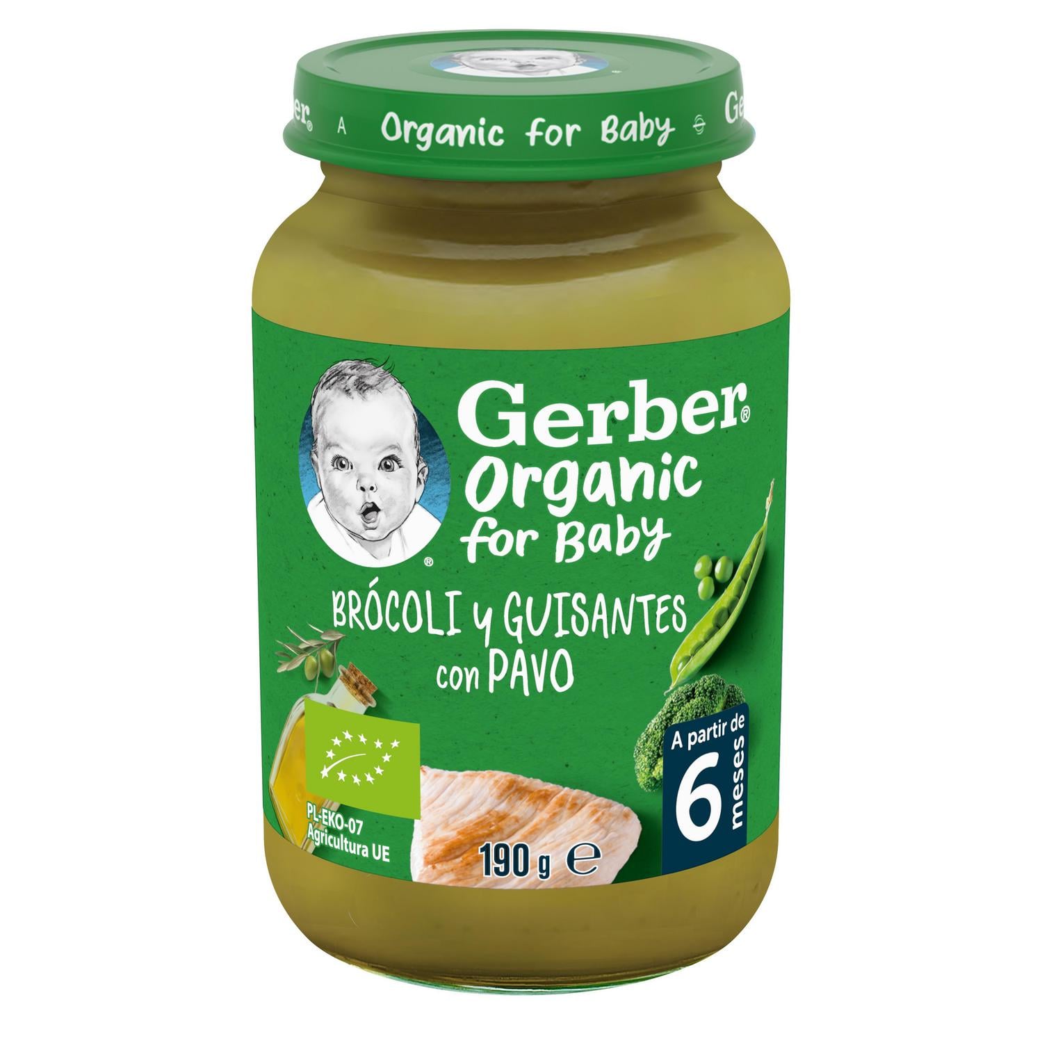 Tarrito de brócoli y guisantes con pavo desde 6 meses ecológico Gerber sin gluten 190 g.