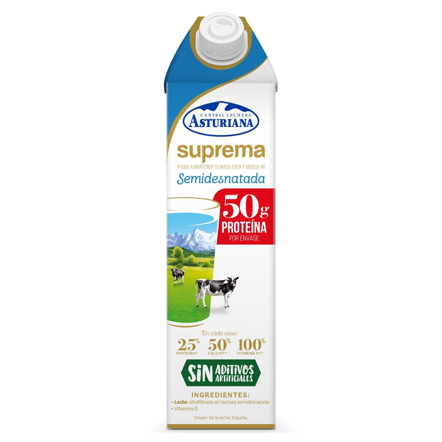 Leche semidesnatada ultrafiltrada Suprema Central Lechera Asturiana sin lactosa brik 1 l.