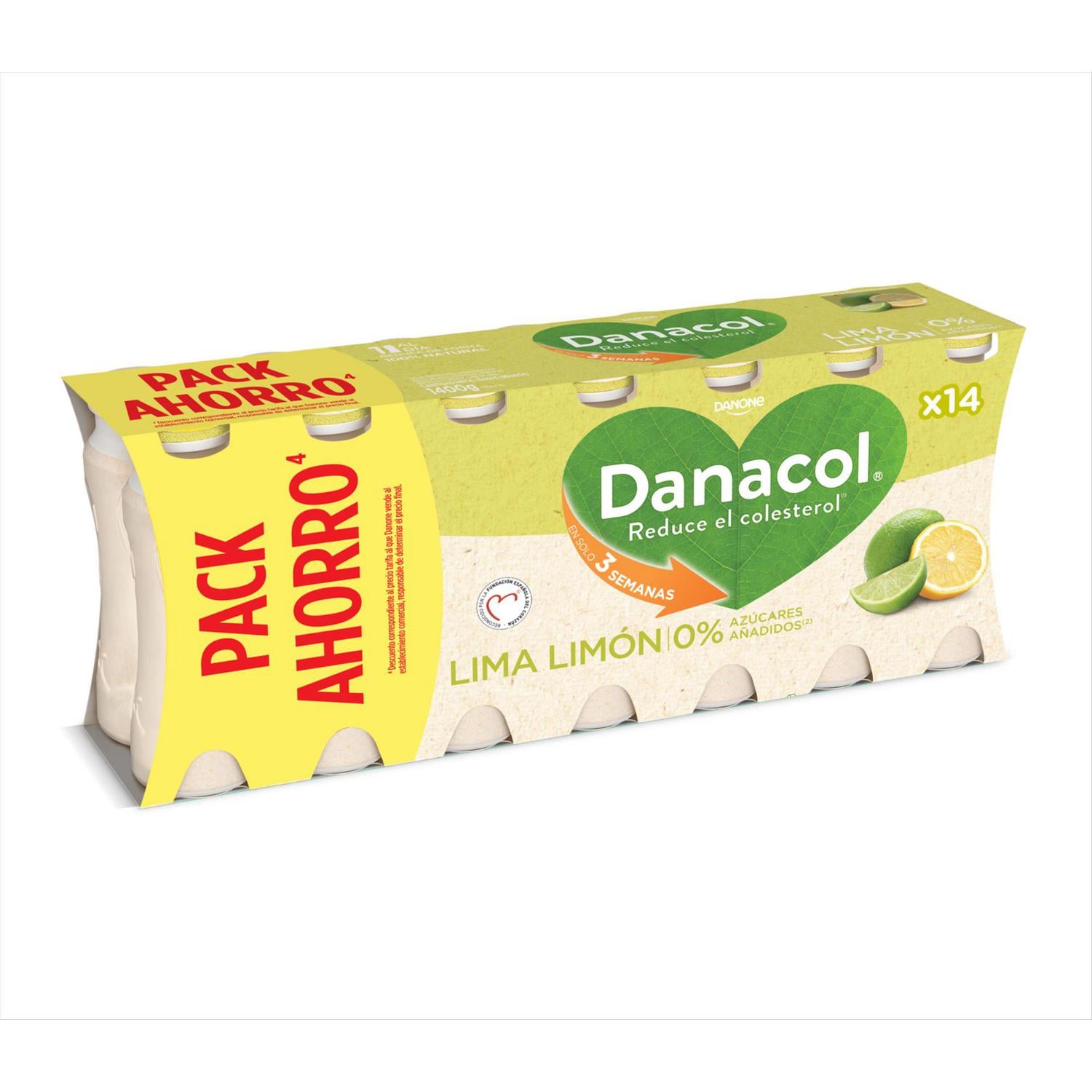 Leche fermentada desnatada lima limón Danacol sin gluten pack de 14 unidades de 100 g.