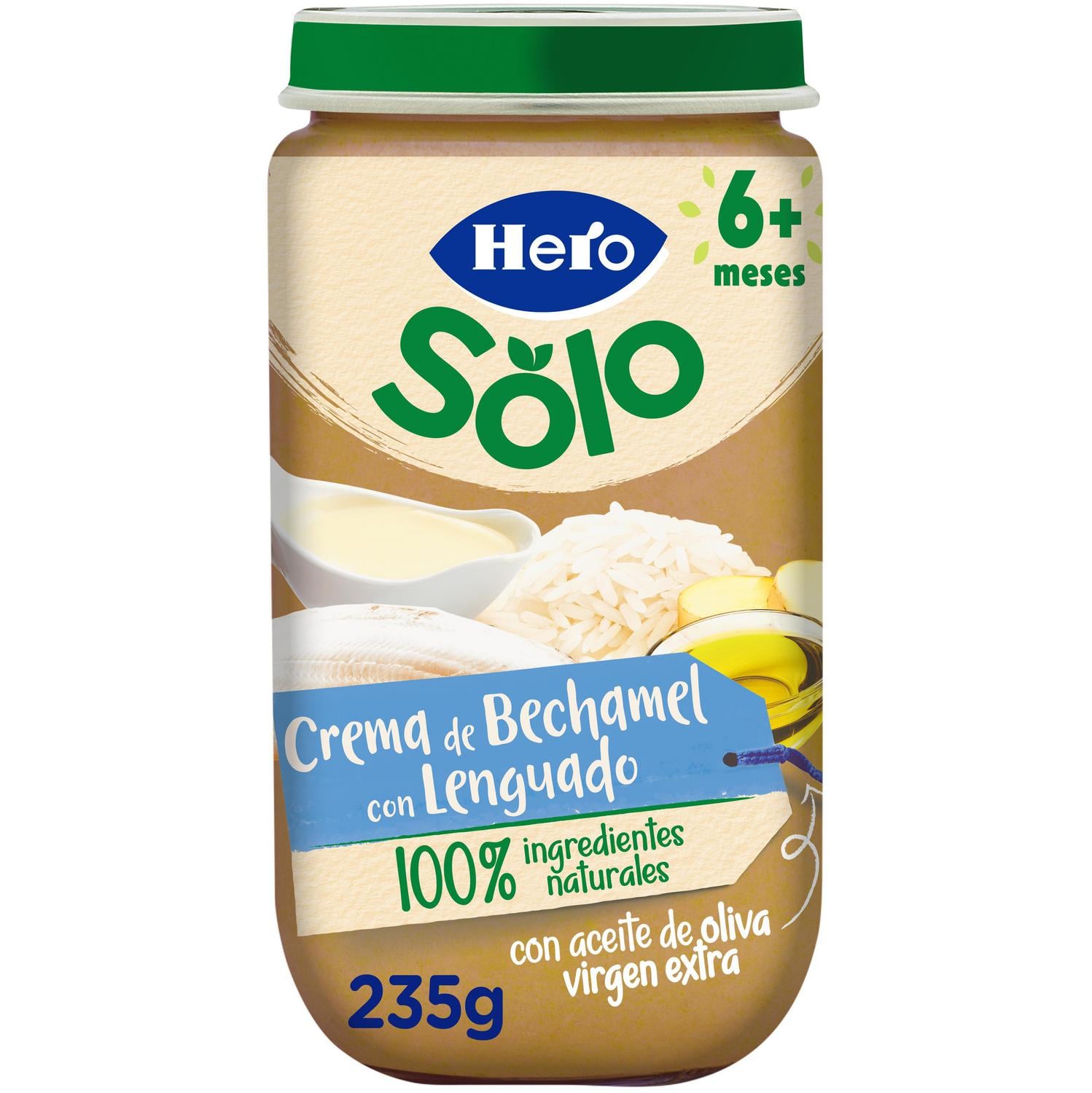 Tarrito de crema bechamel con lenguado desde 6 meses Hero Baby sin gluten 235 g.