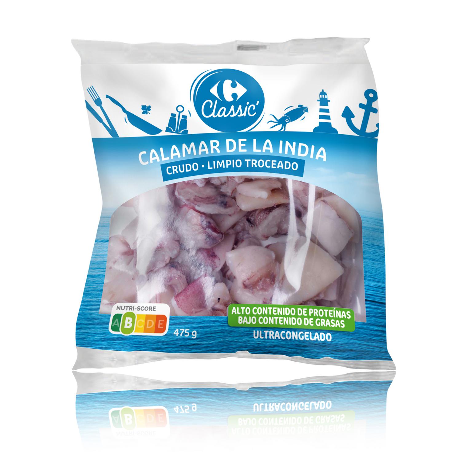 Calamar crudo troceado y limpio de la india congelado Carrefour 475 g