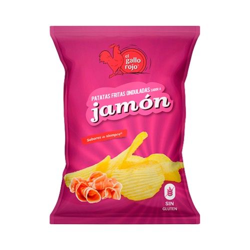 EL GALLO ROJO Patatas fritas onduladas con sabor a jamón EL GALLO ROJO bolsa de 140 g.