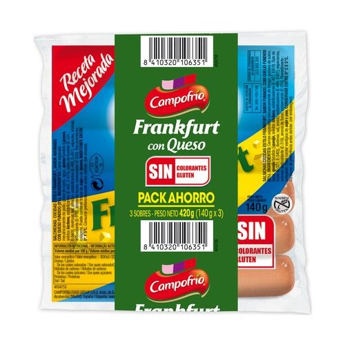 CAMPOFRÍO Salchichas cocidas tipo Frankfurt de pollo, pavo y cerdo con queso CAMPOFRIO 3 x 140 g.