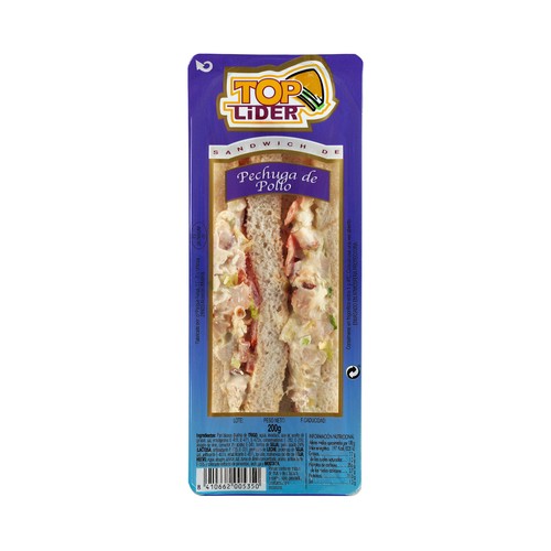 TOP LIDER Sandwich de pan blanco con pechuga de pollo, mahonesa y tomate TOP LIDER 200 g.