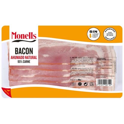 MONELLS Bacon cocido y ahumado natural sin gluten ni lactosa, cortado en lonchas 110 g.