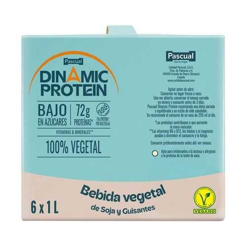 PACUAL Dinamic protein Bebida vegetal de soja y guisantes, con alto contenido en proteínas 6 x 1 l.